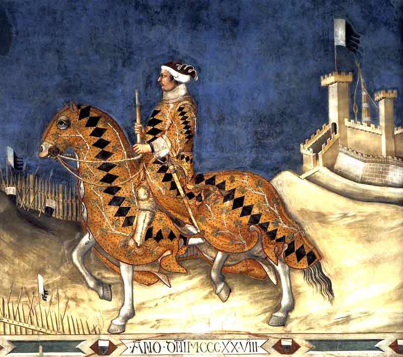 Photo of Equestrian Portrait of Guidoriccio da Fogliano, fresco (detail), c. 1330, by Simone Martini in the Palazzo Pubblico in Siena