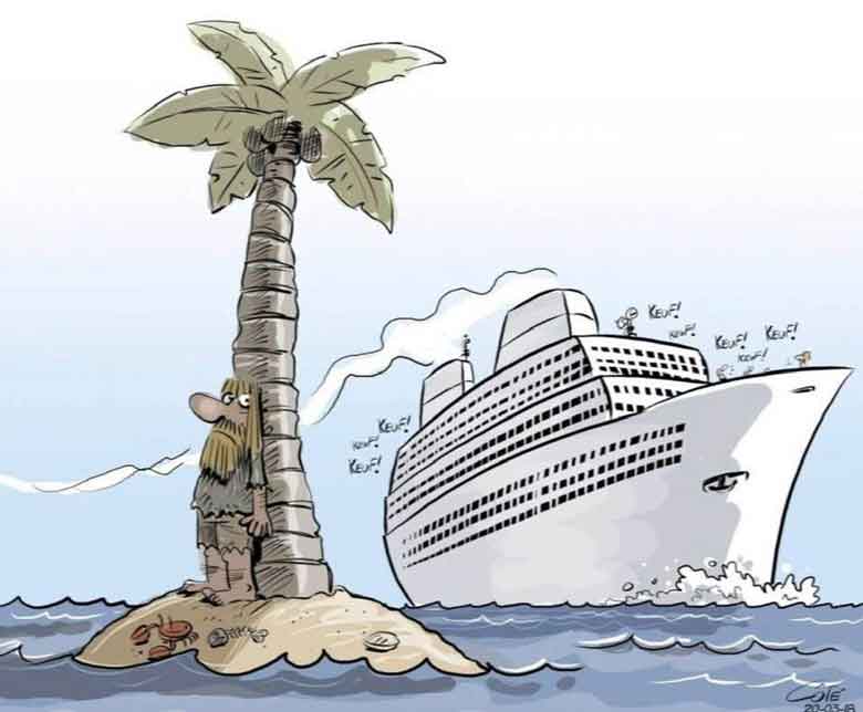 Image of Cartoon with Ship passing by deserted island