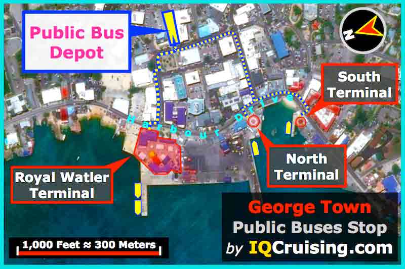 Map showing walking paths to Central Bus Station in George Town Grand Cayman