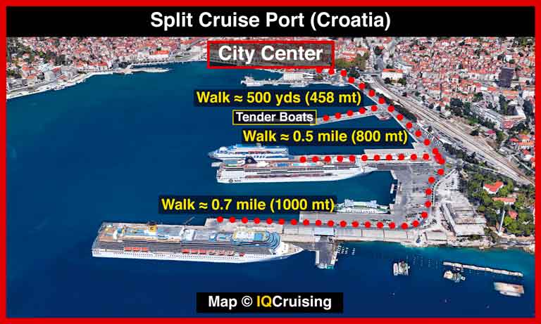 Image with map of Split cruise port showing where ships dock and distance to the the historical city center