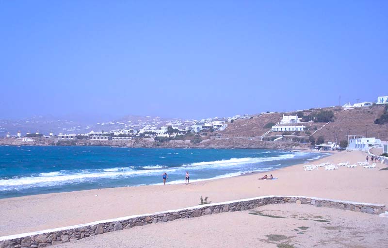 Photo of Megali Ammos Beach in Mykonos, Greece.