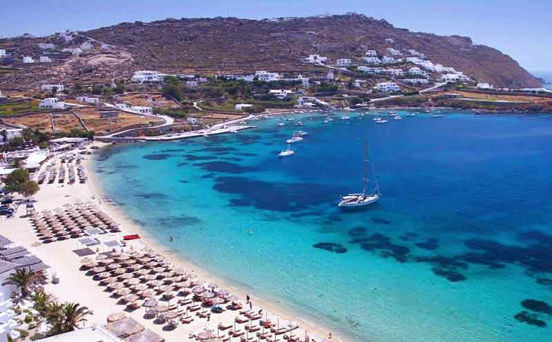 Photo of Ornos Beach in Mykonos, Greece.