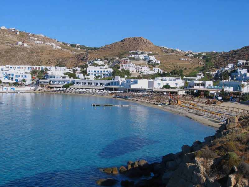 Photo of Platis Gialos Beach in Mykonos, Greece.