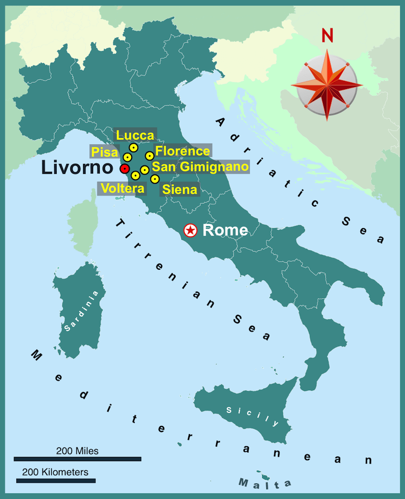 Image of Map of Italy showing Livorno port and cities close by