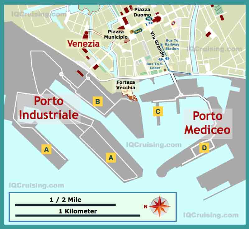 Image with map of Livorno cruise port, city centre and surrounding area