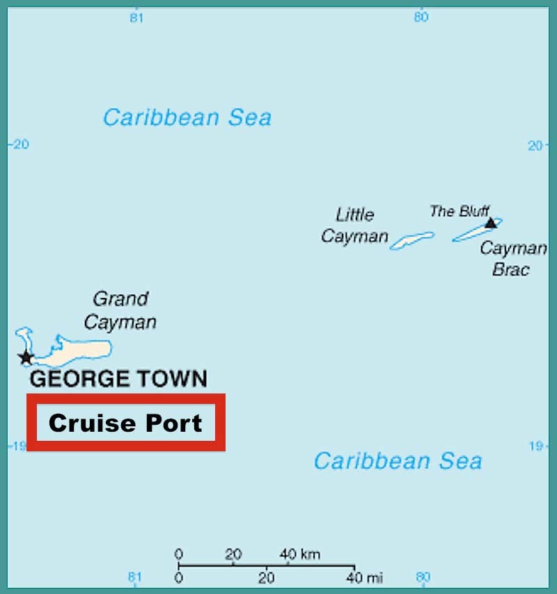Image with Map of Grand Cayman showing George Town Cruise Port