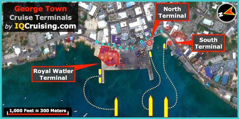 Map of showing the 3 Cruise Terminals in George Town
