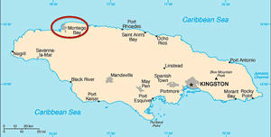 Image of with map of Jamaica showing Montego Baycruise port