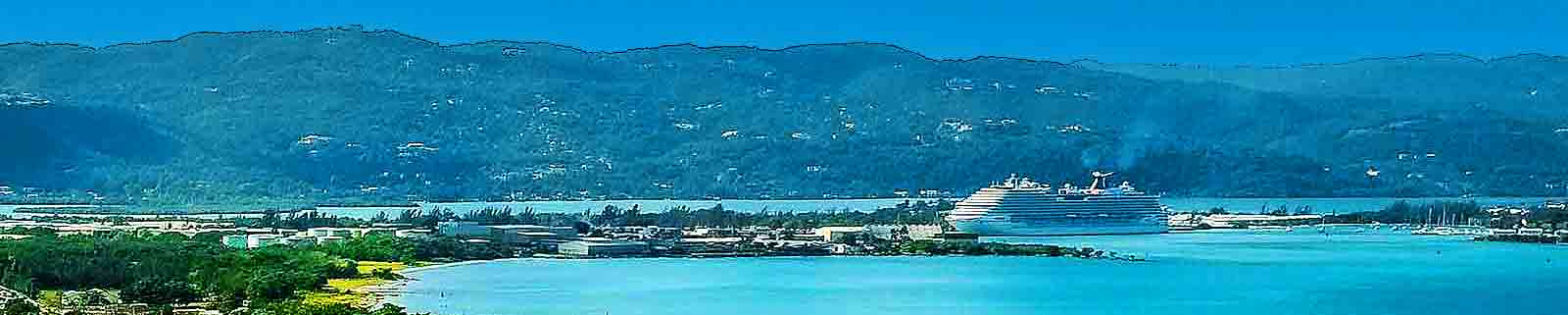 Panoramic photo with cruise ship docked in Montego Bay cruise port