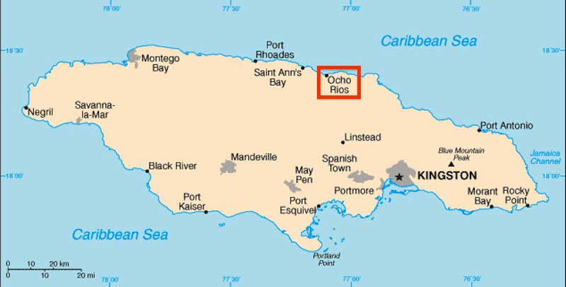 Image of Map of Jamaica showing Ocho Rios