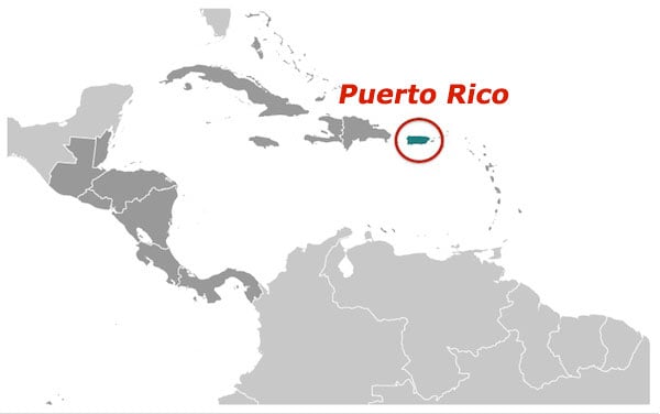 Image of Map of Puerto Rico in the Caribbean Sea.