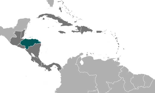 Image of Map of the Caribbean highlighting Honduras.