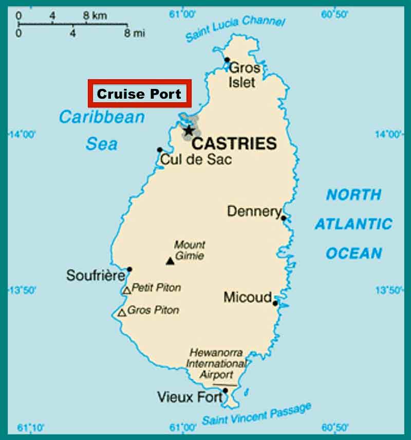 Image of Map of St Lucia showing the Cruise Port and cities close by