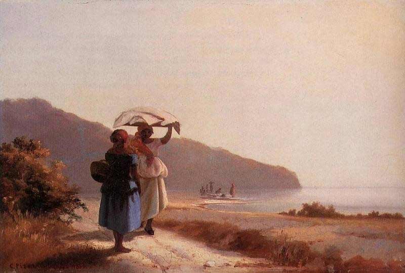 Pittura 'Due donna chiacchierando in riva al mare' di Camille Pissarro