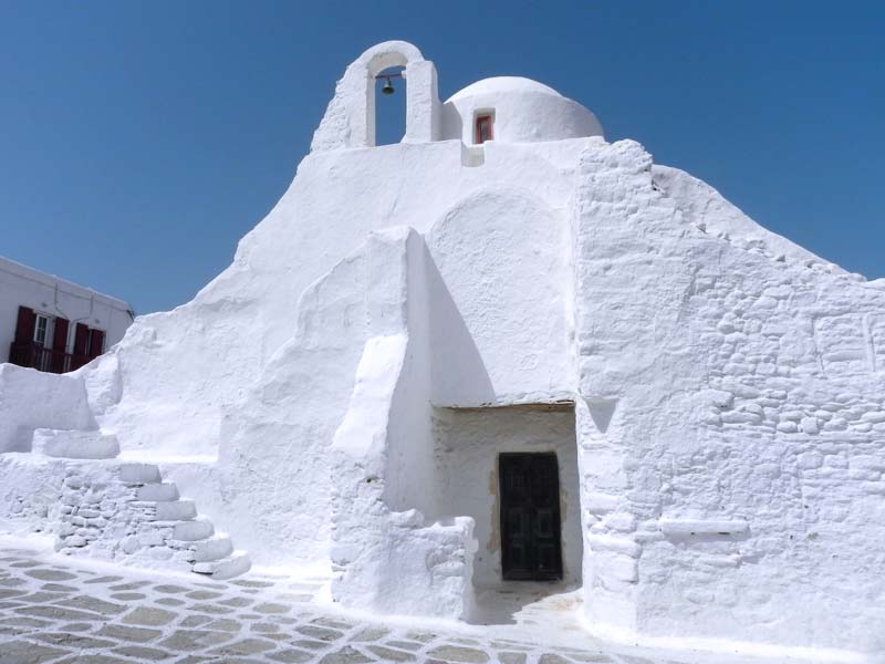 Photo of Panagia Paraportiani Church in Mykonos, Greece.