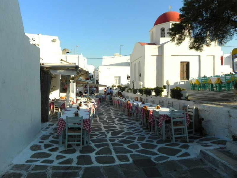 Photo of Paraportiani Square in Mykonos, Greece.