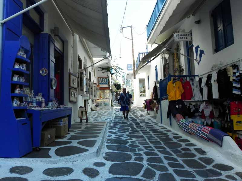 Shopping Street Mykonos Cruise Port Photo of Shopping Street in Mykonos, Greece.
