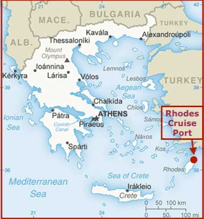Image of Map of Greece showing the Cruise Port of Rhodes