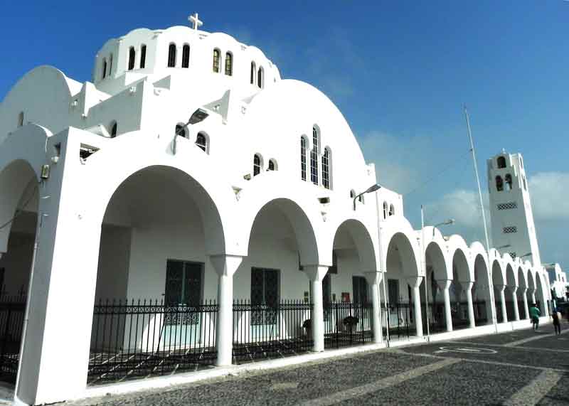 Orthodox Metropolitan Cathedral Santorini Cruise Port Photo of Orthodox Metropolitan Cathedral in Fira is a major highlight for cruise passengers on a cruise to the island of Santorini in Greece.