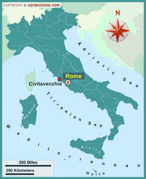 Image with map of taly showing Civitavecchia cruise port and Rome
