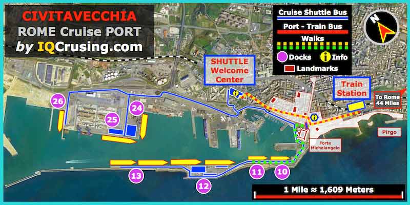 Map of the port of Civitavecchia showing the exit gates of the port, all docking spots and walking paths