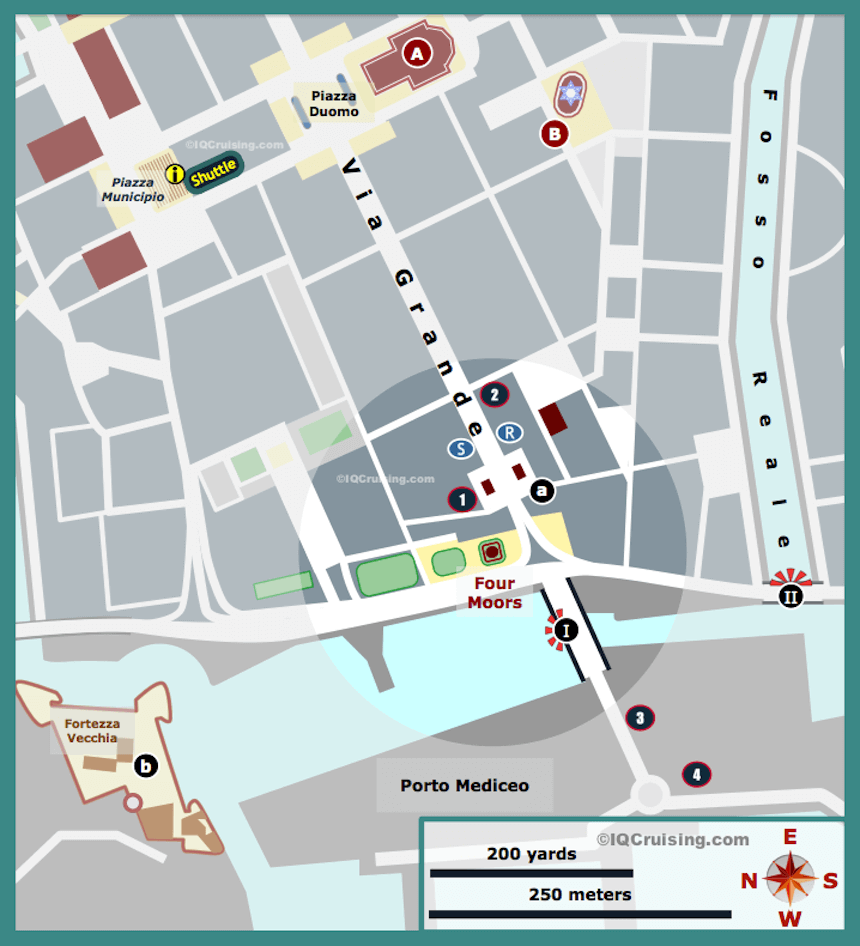 Map of Four Moors area of Livorno with Highlights and Attractions