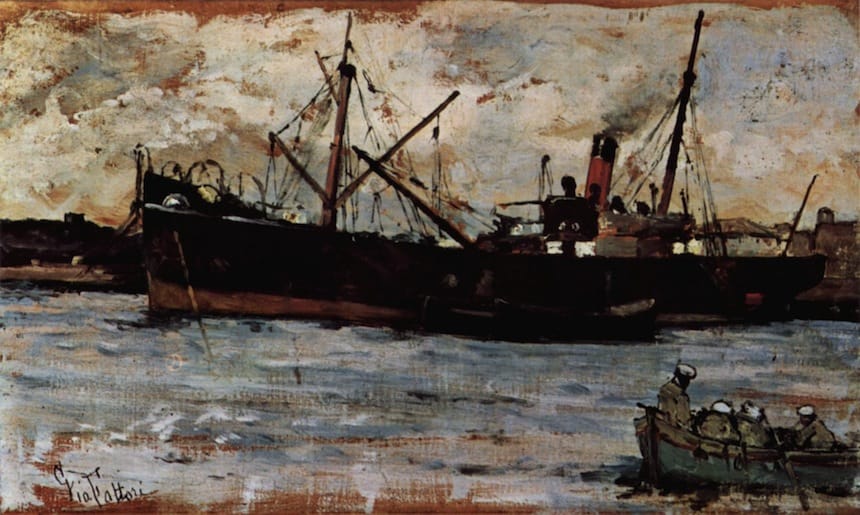 Photo of Ships in Harbor painting by Giovanni Fattori
