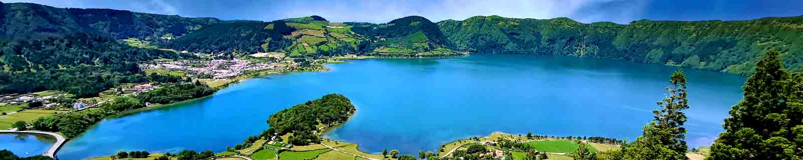 Panoramic photo of Blue Lagoon in Sao Miguel Island close to Ponta Delgada cruise port