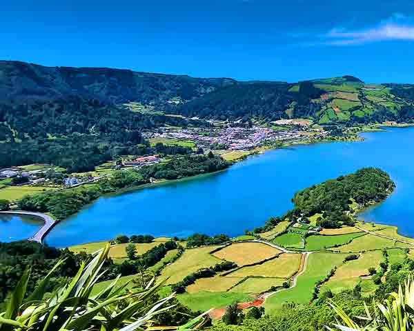 Panoramic photo of the Blue Lagoon close to Ponta Delgada cruise port in S Miguel Island, Azores, Portugal