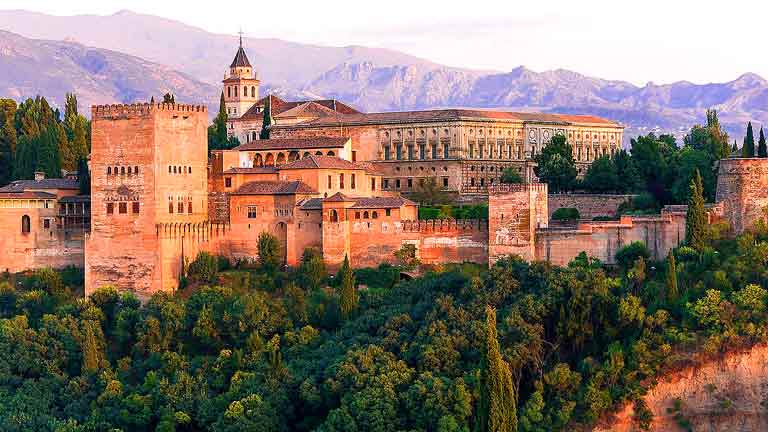 The Alhambra complex in Granada, a top destination for cruise travelers to the port of Málaga Panoramic photo of Alhambra complex in Granada